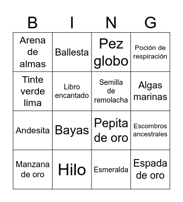 Minecraft bingo Card