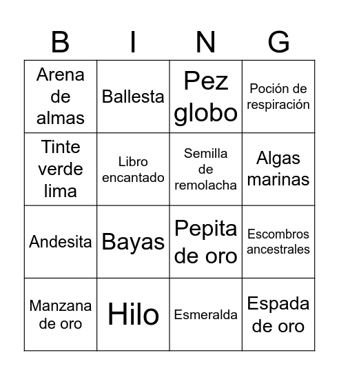 Minecraft bingo Card