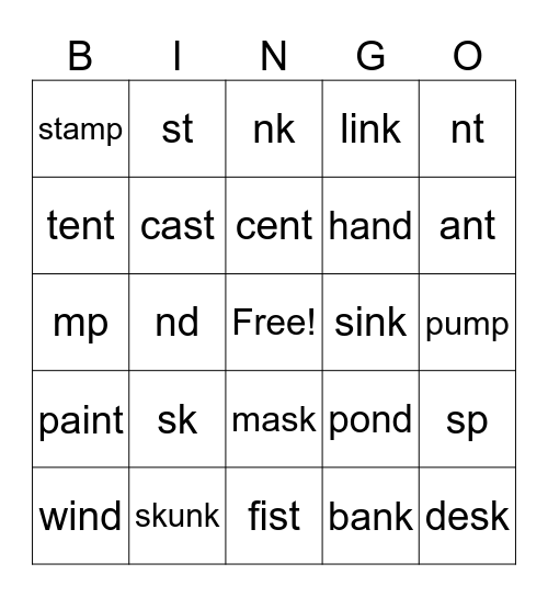 Final Consonants Bingo Card
