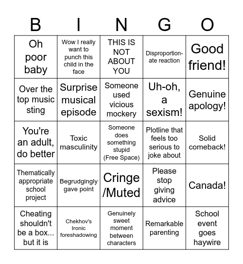 Degrassi Bingo Card