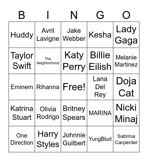 Music Bingo Singers Bingo Card