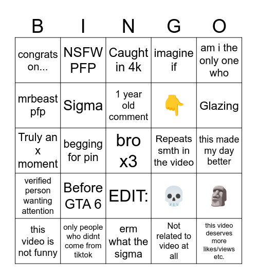 BINGO YT SHORTS Bingo Card