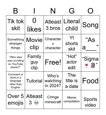 YouTube shorts Bingo Card