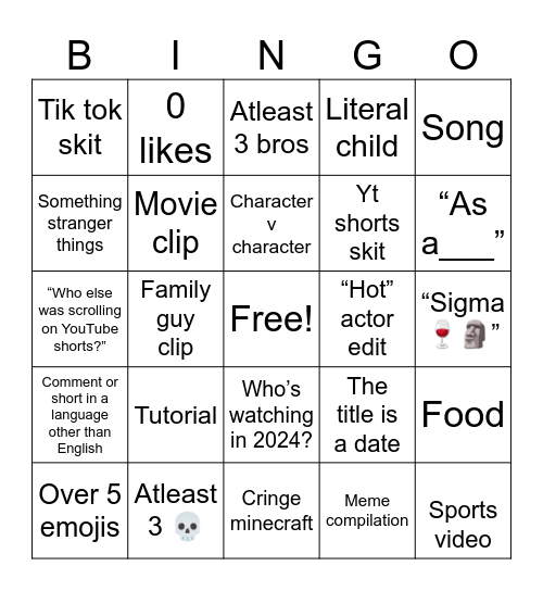 YouTube shorts Bingo Card