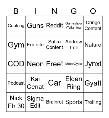 YT Shorts Bingo Card