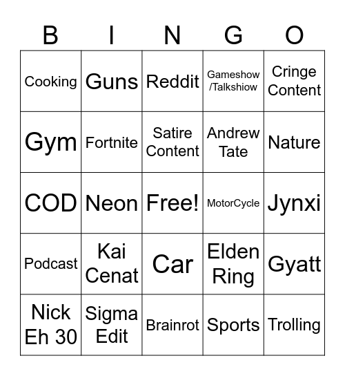 YT Shorts Bingo Card