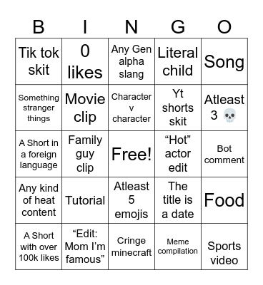 YouTube shorts Bingo Card