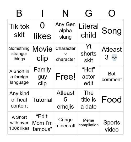 YouTube shorts Bingo Card