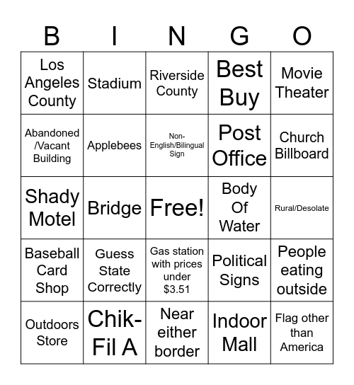 US Spot-the-items (geoguessr) Bingo Card