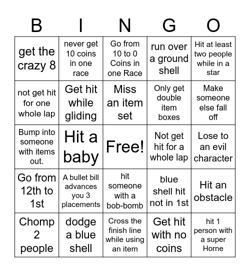 Mario Kart 8 Deluxe Bingo Card