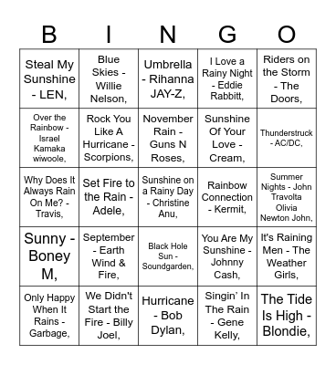MUMBOS MUSIC BINGO: WEATHER Bingo Card