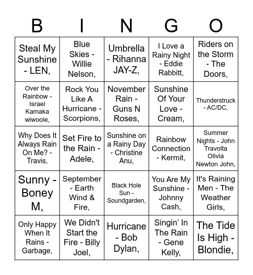 MUMBOS MUSIC BINGO: WEATHER Bingo Card