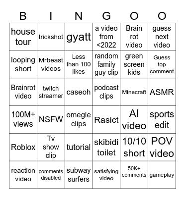 Youtube short bingo Card