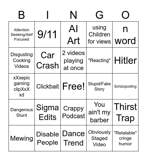 Youtube Shorts Bingo Card