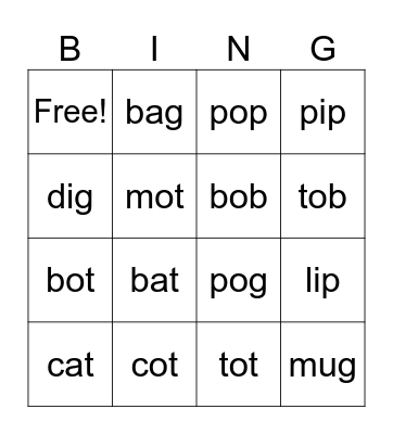 cvc words Bingo Card