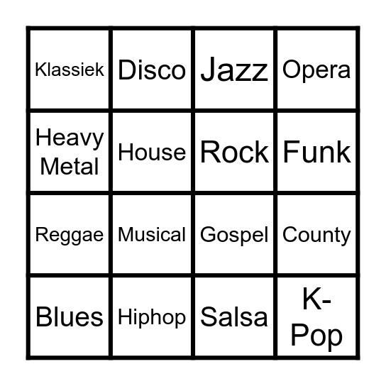 MUZIEKSTIJLEN BINGO Card