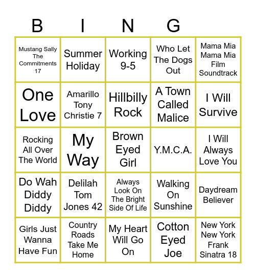 Singalong Favourites Bingo Card