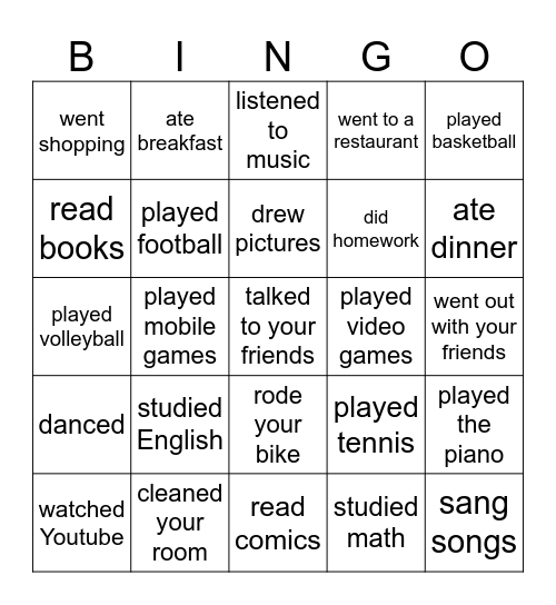 Last weekend Bingo Card