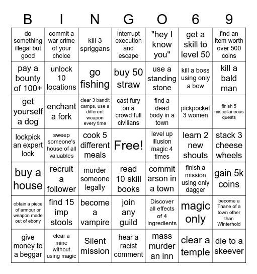 Skyrim Bingo Card