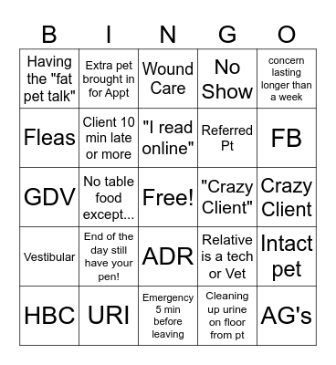 Vet Tech Bingo! Bingo Card