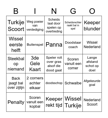 Nederland vs Turkije Bingo Card