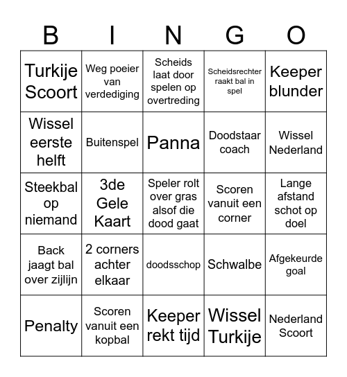 Nederland vs Turkije Bingo Card