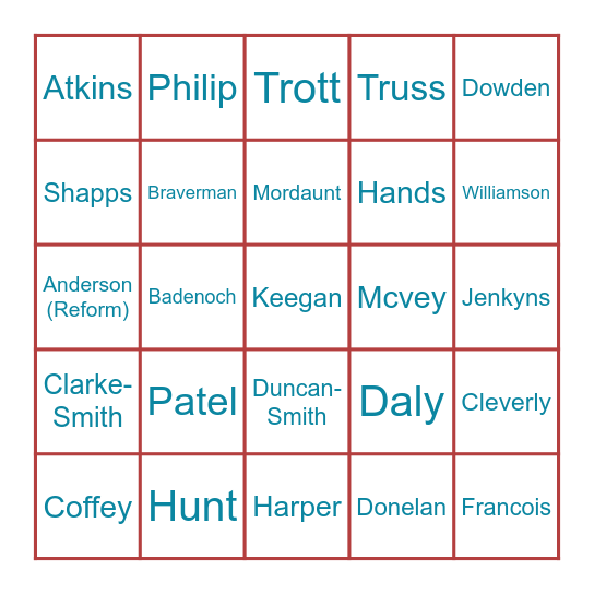 Tory Wipeout bingo Card
