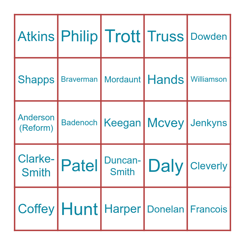 Tory Wipeout bingo Card