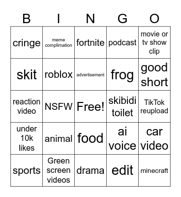 youtube shorts Bingo Card