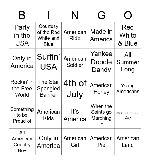 BDB Bingo 503-4th of July Bingo Card