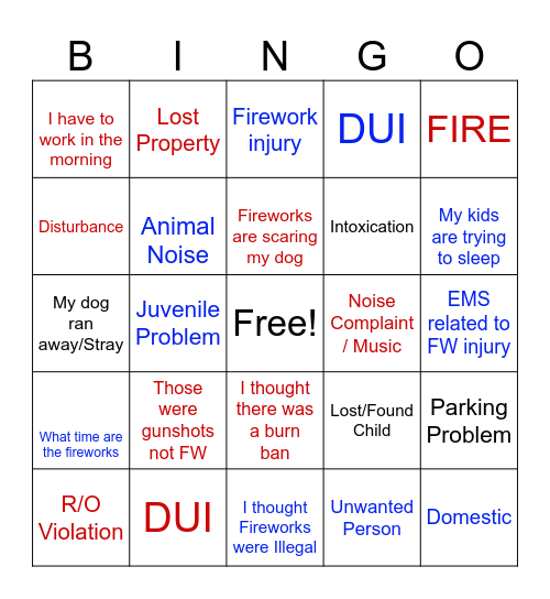 4th Of July 911 Dispatcher Bingo Card