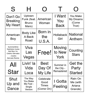 4th of July Song Bingo Card