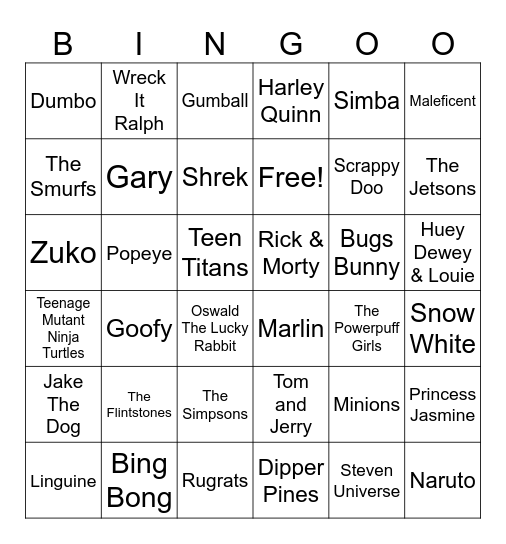 Cartoon Bingo! Bingo Card