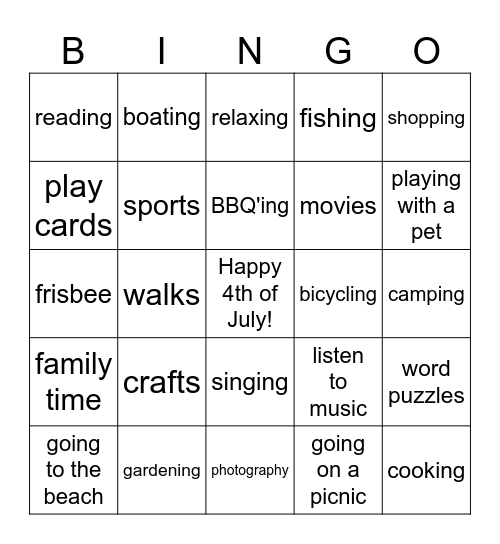 Leisure bingo Card