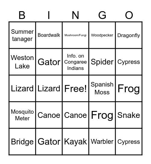 Congaree National Park Bingo Card