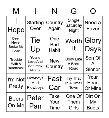New Country 2024 Bingo Card