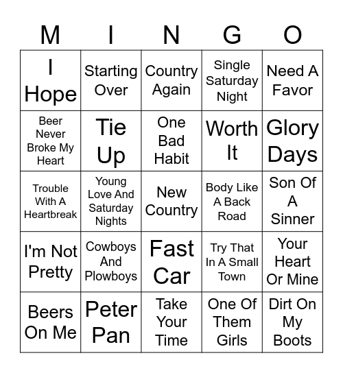 New Country 2024 Bingo Card