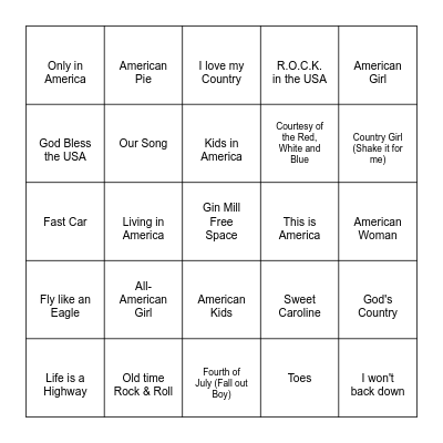 Red, White, Blue Anthems Bingo Card