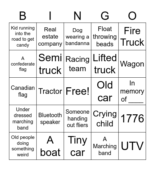 Fourth of July parade Bingo Card