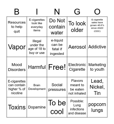 Vaping Bingo Card
