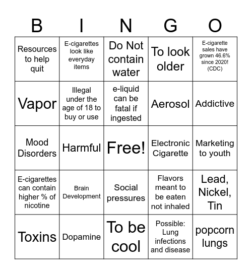 Vaping Bingo Card