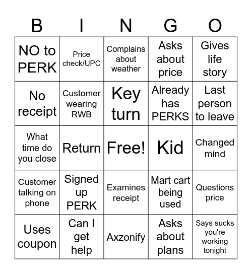 Cashier Bingo Card