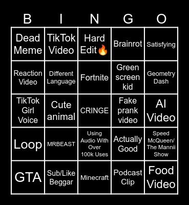 YouTube Shorts Bingo Card