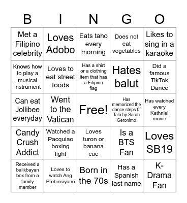 Ultimate Filipino Human Bingo Card