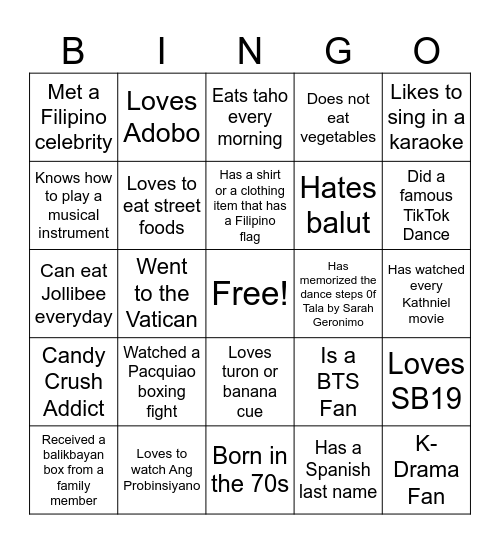 Ultimate Filipino Human Bingo Card