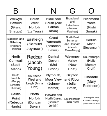 General Election 2024 Bingo Card