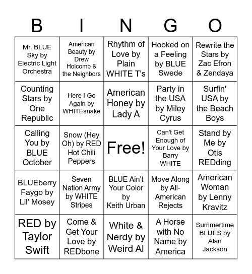 Red, White & Blue Music Bingo Card