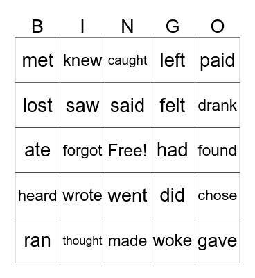 Irregular Verbs Bingo Card