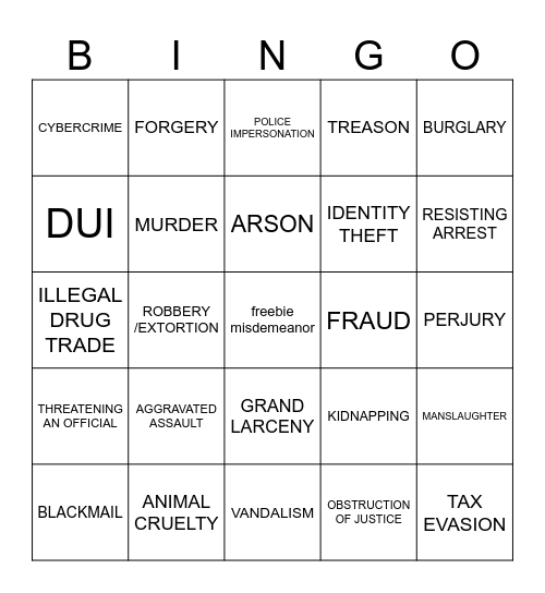 BLORBO FELONY BINGO Card