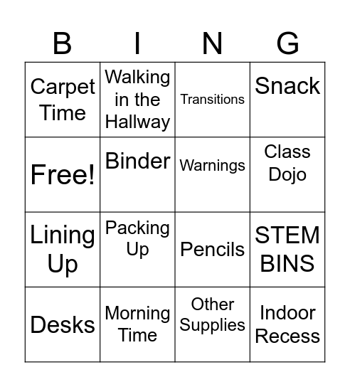 Classroom Expectations Bingo Card